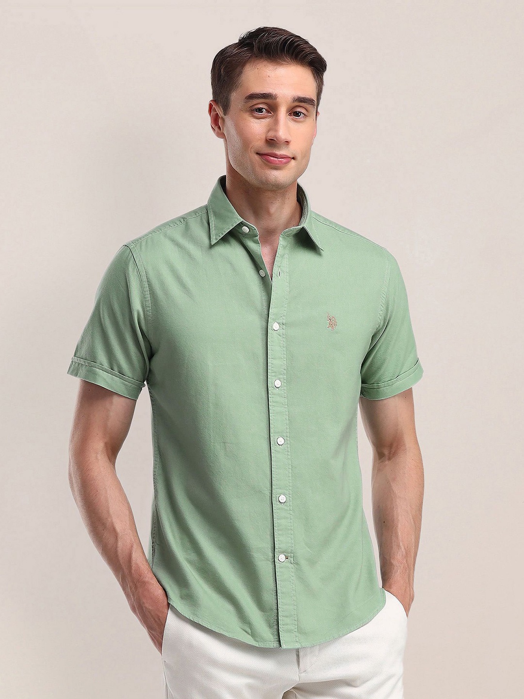 

U.S. Polo Assn. Men Modern Spread Collar Solid Cotton Slim Fit Casual Shirt, Green