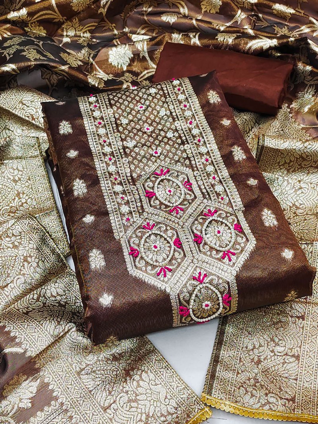 

ASISA Floral Embroidered Beads and Stones Banarasi Silk Unstitched Dress Material, Brown