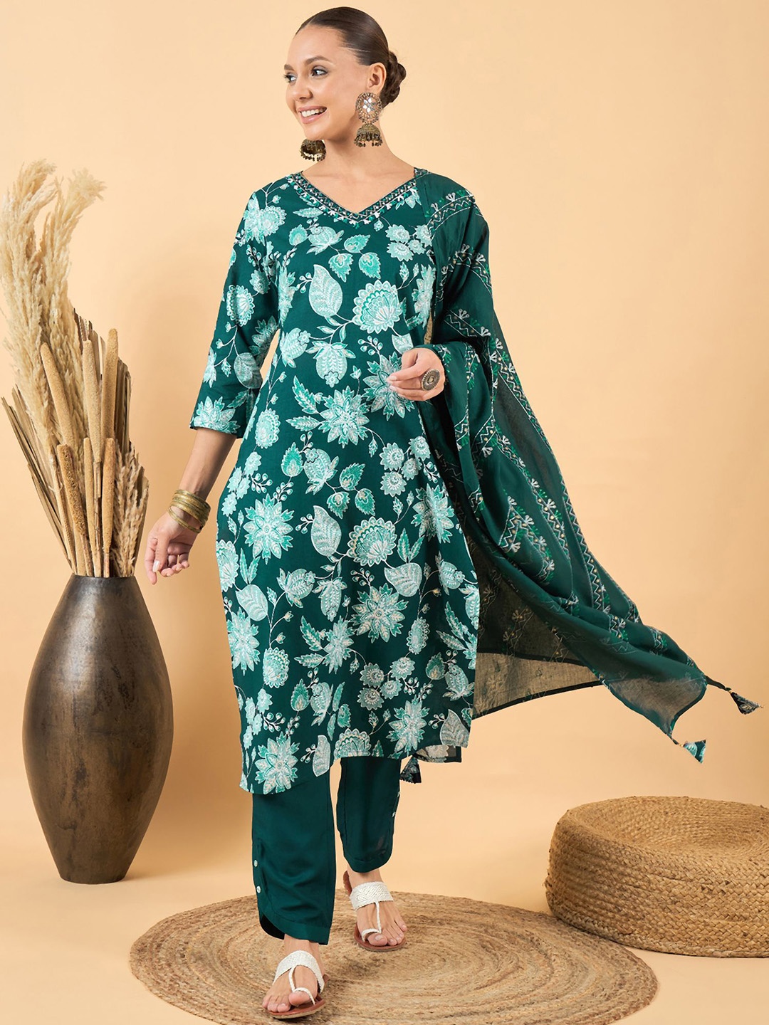 

Sangria Floral Printed Thread Work Pure Cotton A Line Kurta With Trousers & Dupatta, Teal