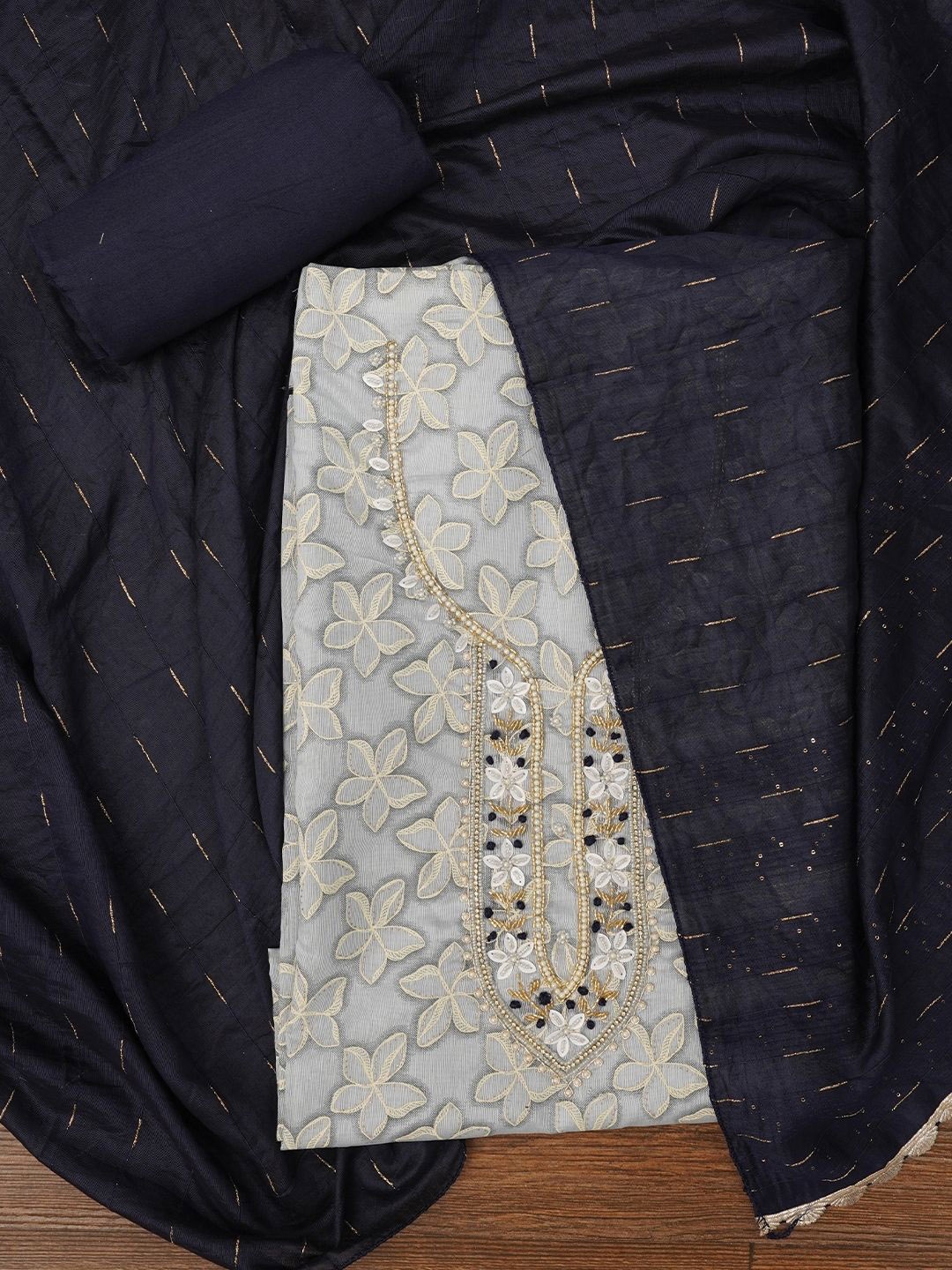

Jaipur Kurti Floral Printed Embellished Cotton Dress Material with Dupatta, Grey
