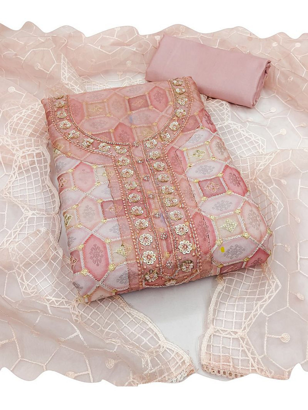 

ASISA Embroidered Organza Unstitched Dress Material, Peach