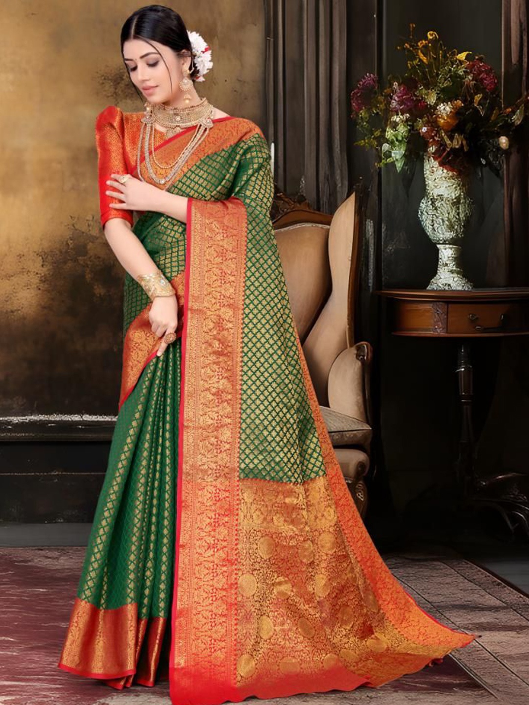 

JAY FASHION Woven Design Zari Kanjeevaram Saree, Green