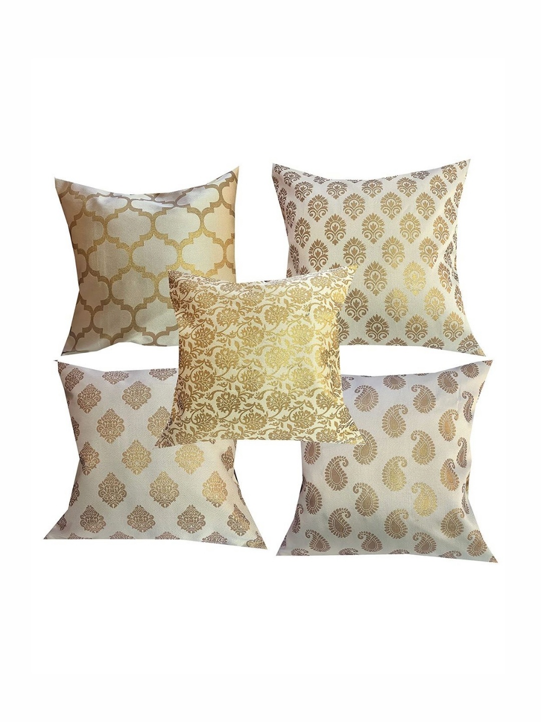 

Pink Parrot White & Gold-Toned 5 Pieces Ethnic Motifs Zari Square Cushion Covers