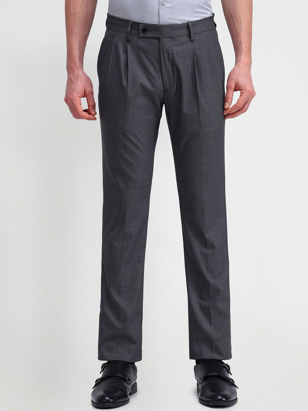 

Arrow Men Printed Urban Slim Mid-Rise Slim Fit Pleated Formal Trousers, Grey