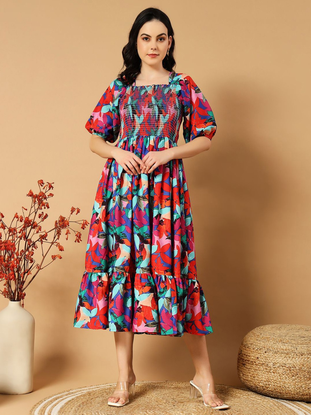 

OTABU Floral Print Puff Sleeve Applique Crepe Formal A-Line Midi Dress, Red