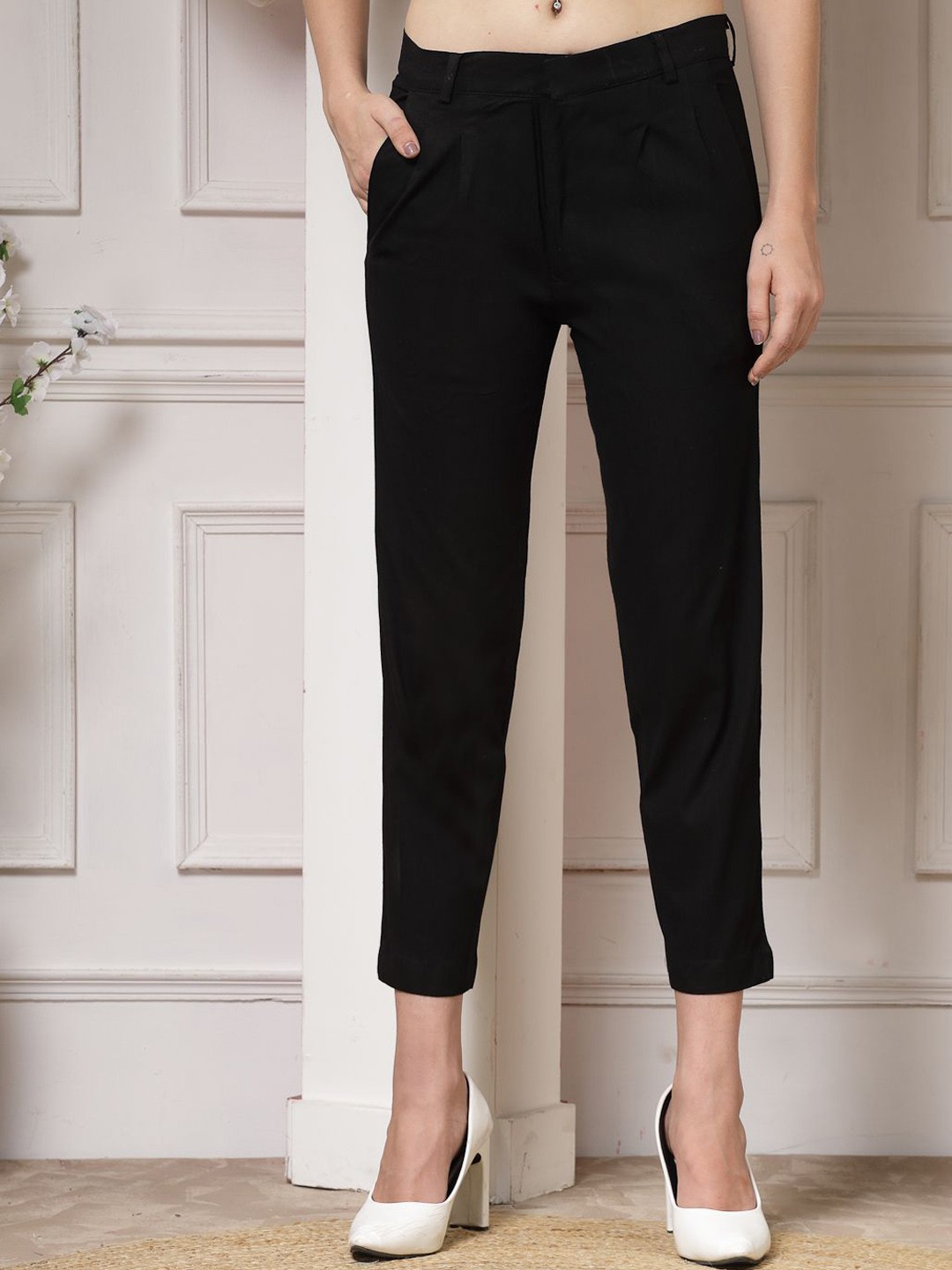 

Indibelle Women Straight Fit Pleated Trousers, Black