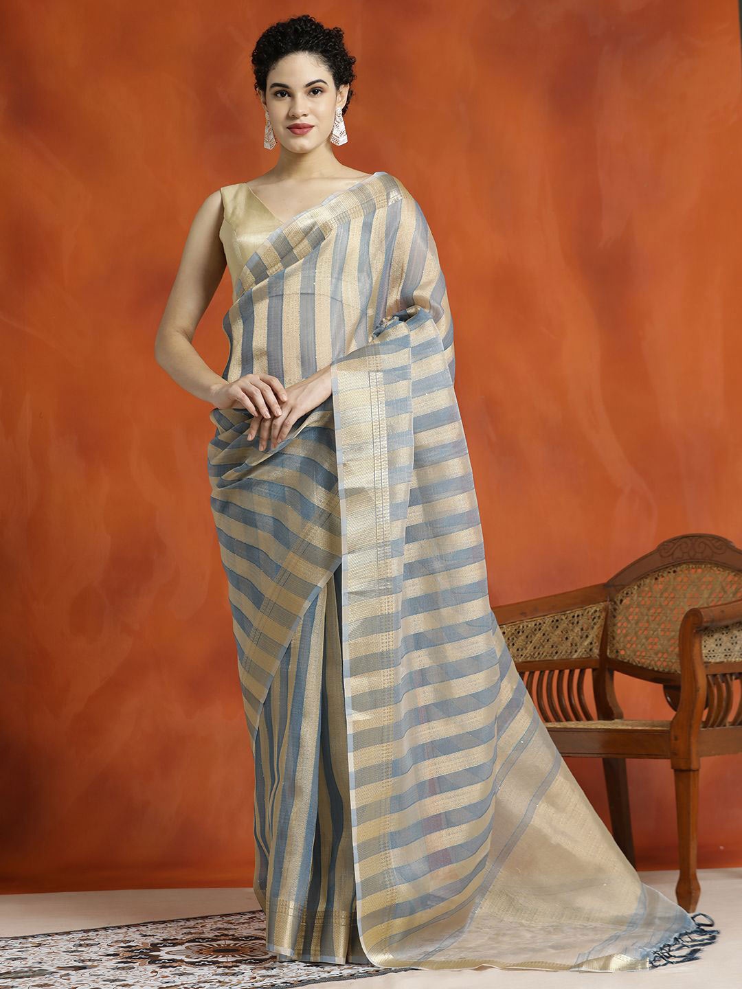 

Jaipur Kurti Striped Embellished Banarasi Organza Saree, Grey