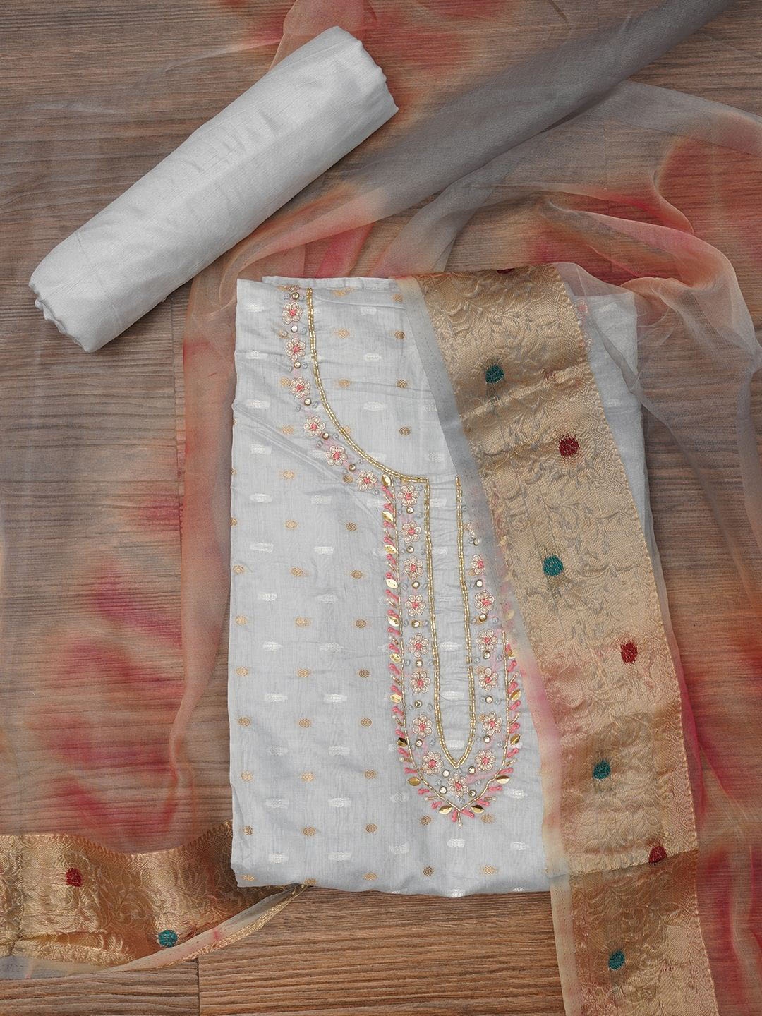 

Jaipur Kurti Cotton Blend Embellished Dress Material with Dupatta, Grey