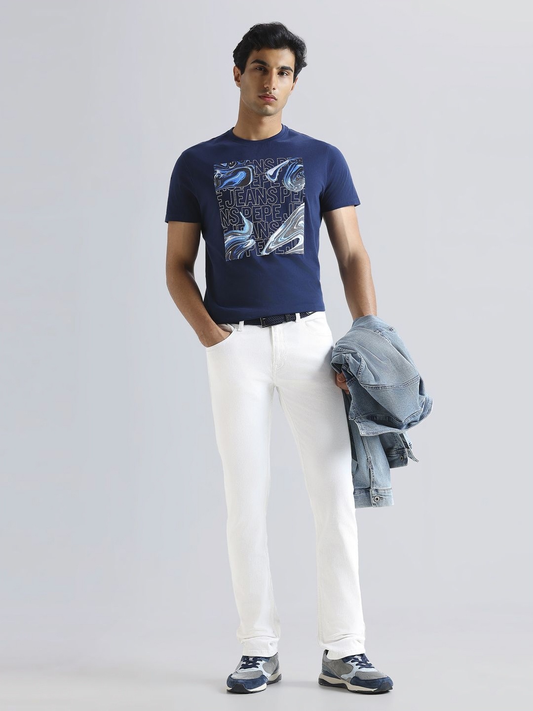 

Pepe Jeans Men Typography Printed Round Neck Pure Cotton Slim Fit T-shirt, Blue