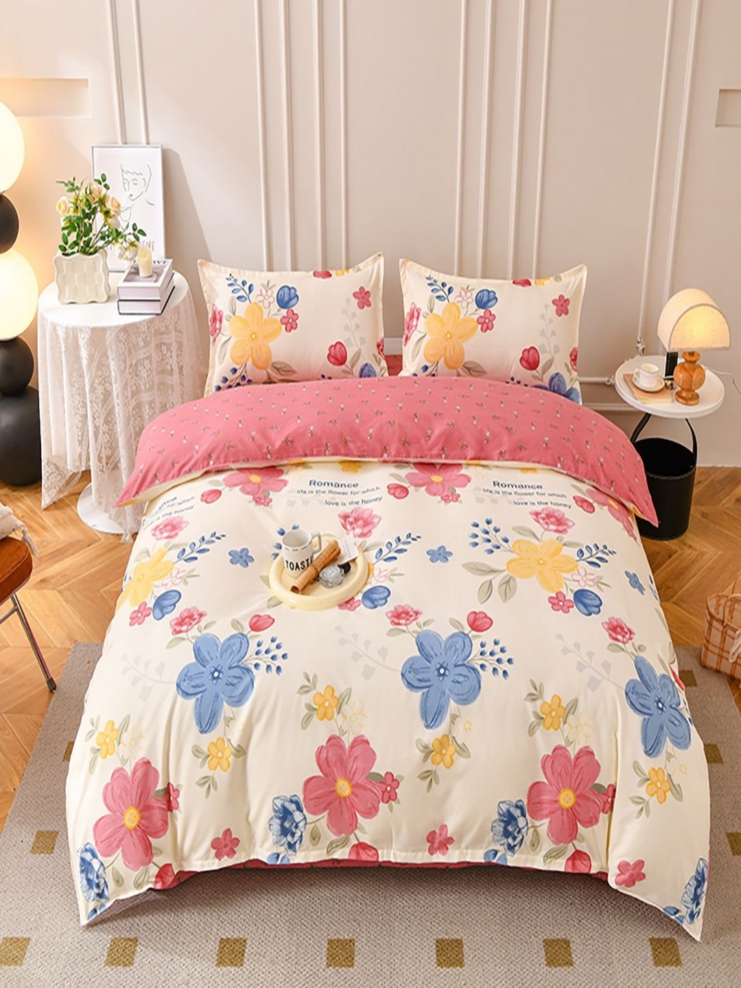 

JC HOME Pink & White 4 Pieces Floral Double Queen Regular Bedding Set