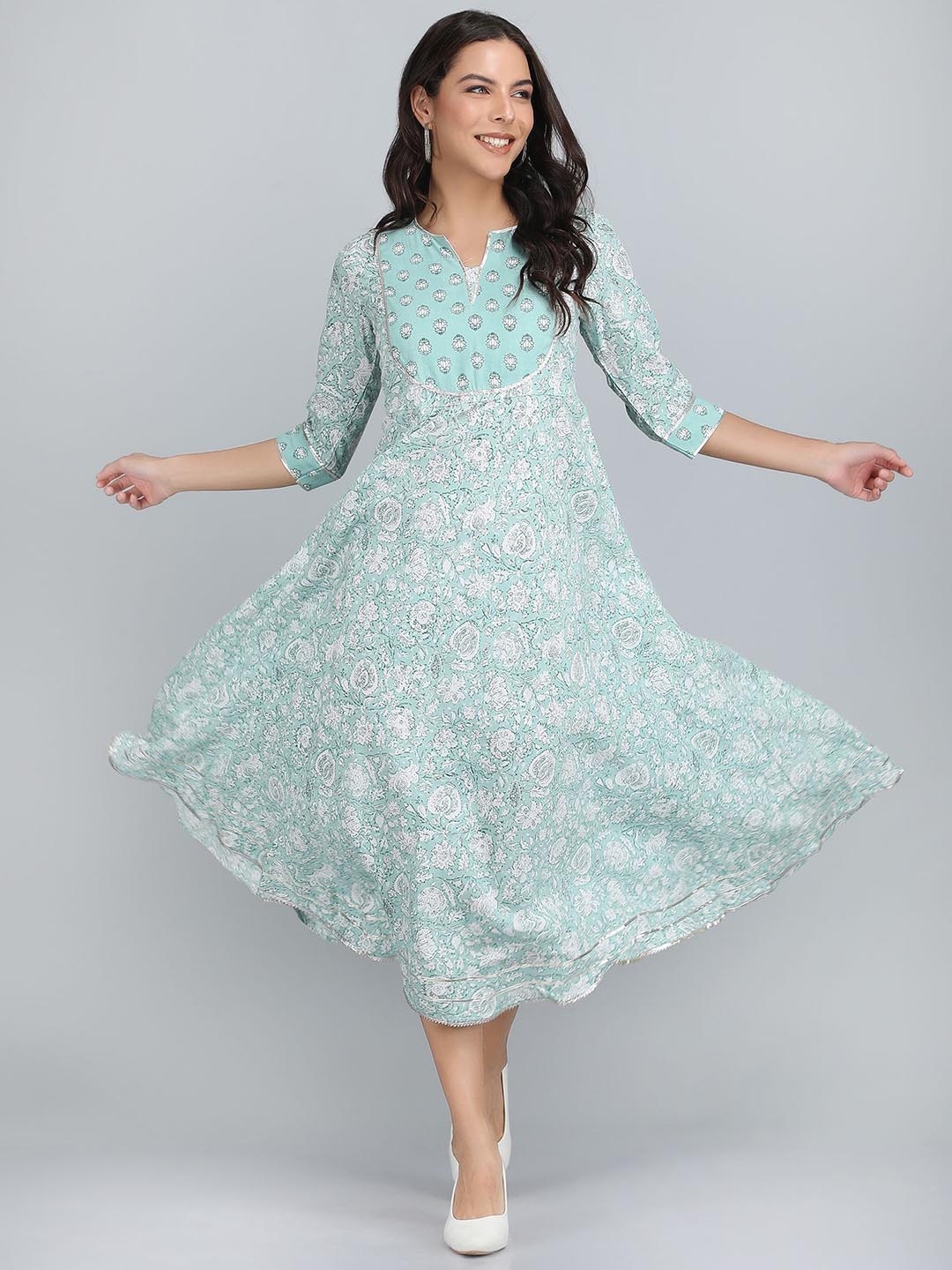 

Rubellite Floral Printed Notch Neck A Line Dress, Sea green