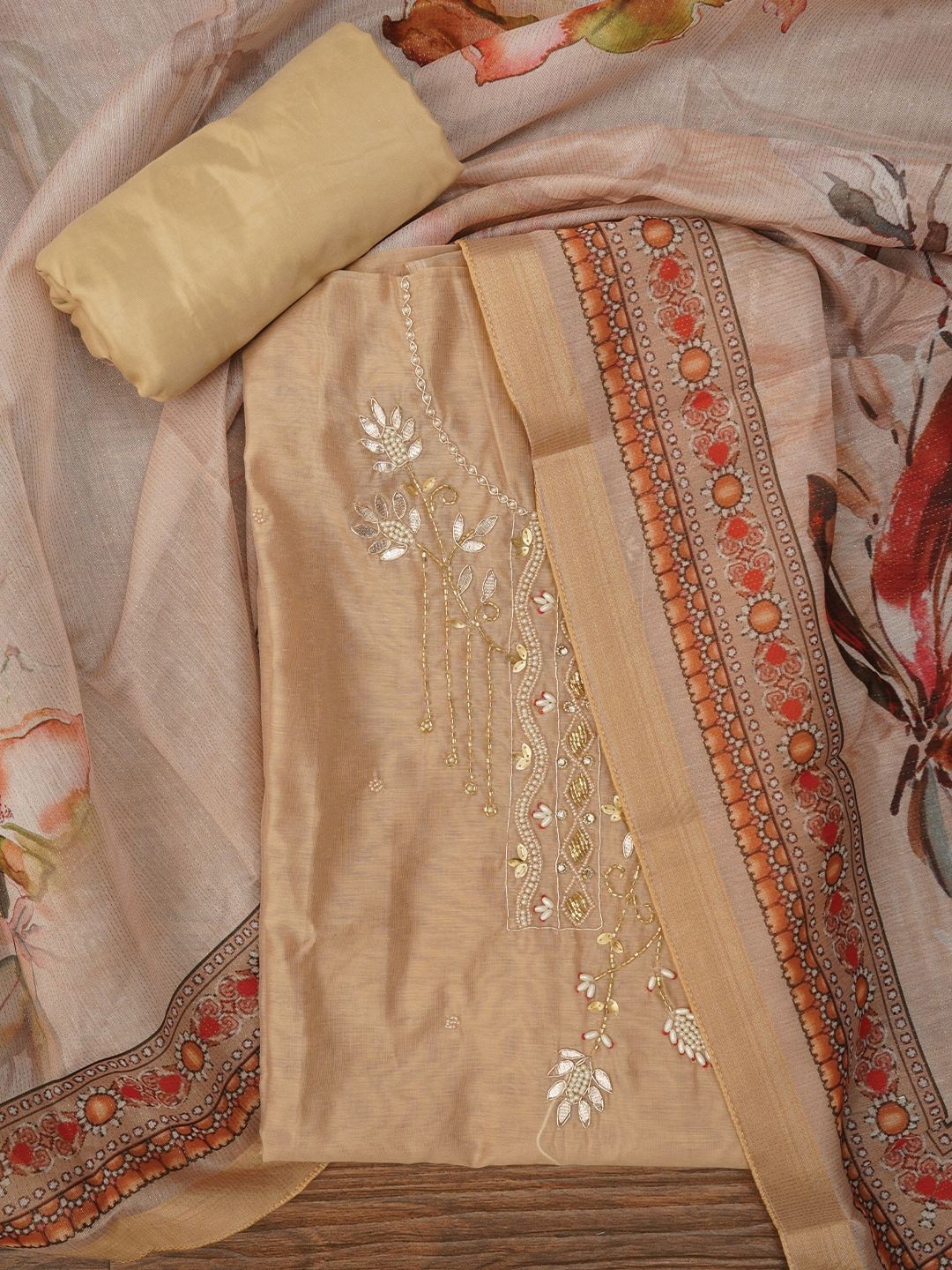 

Jaipur Kurti Unstitched Zari Woven Design Cotton Dress Material with Dupatta, Beige