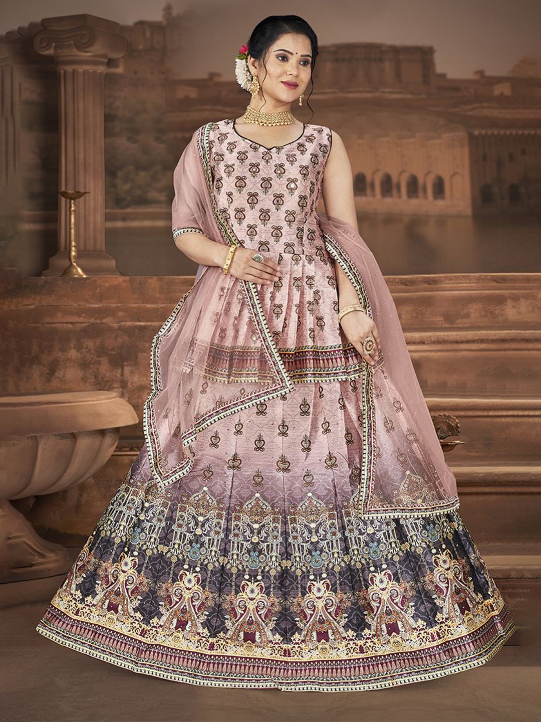 

Krimmple Printed Beads and Stones Ready to Wear Lehenga & Blouse With Dupatta, Peach