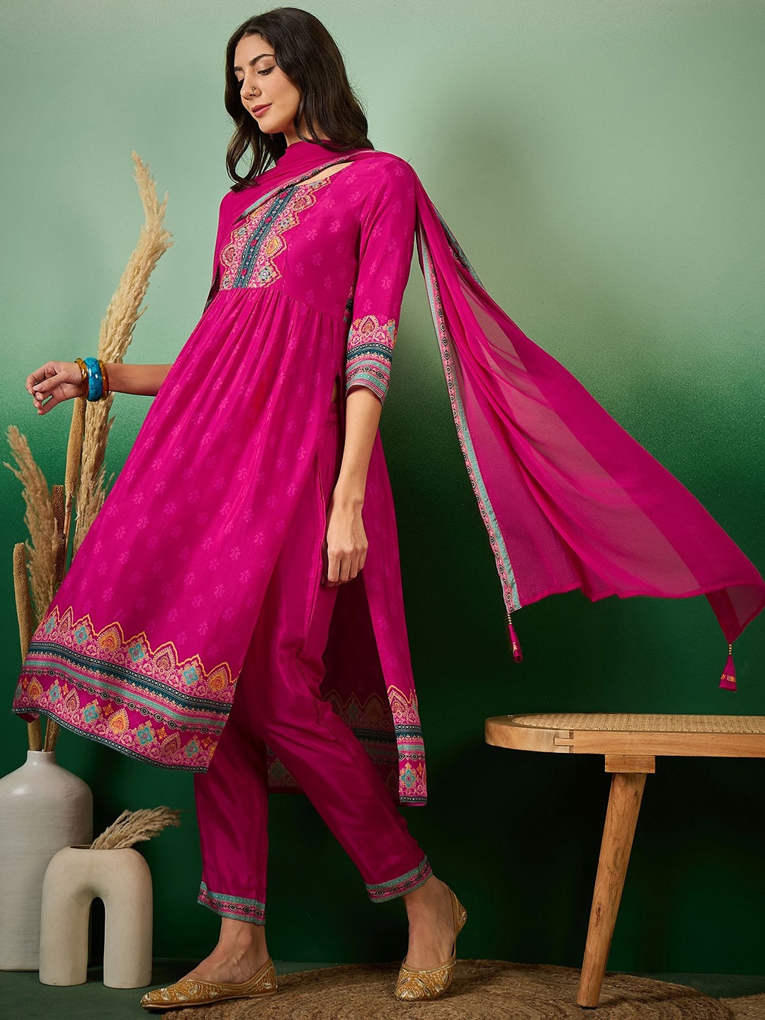 

Sangria Floral Embroidered Thread Work A-Line Kurta With Trousers & Dupatta, Pink