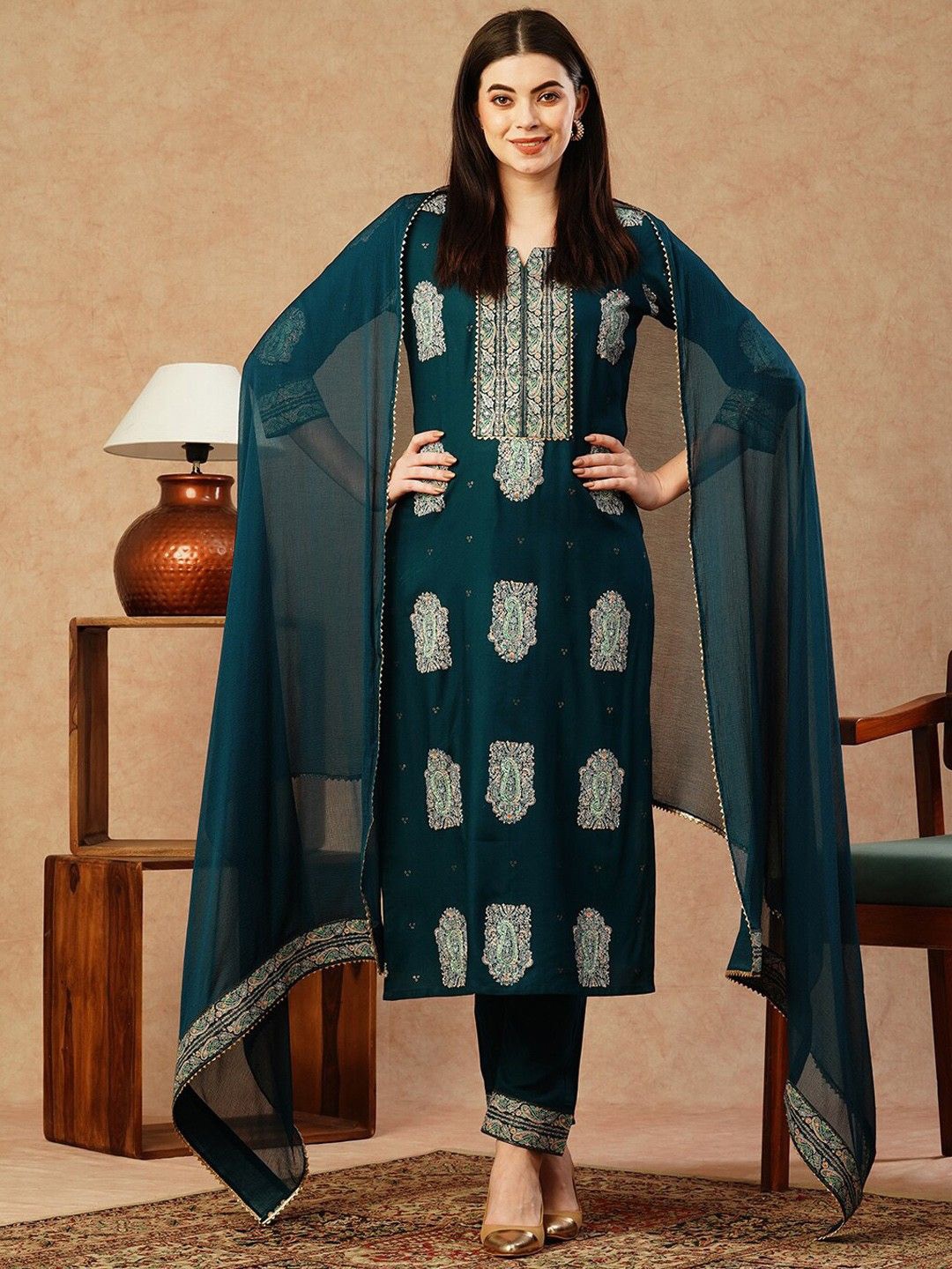 

Anni Designer Paisley Printed Notch Neck Straight Kurta with Trousers & Dupatta, Green