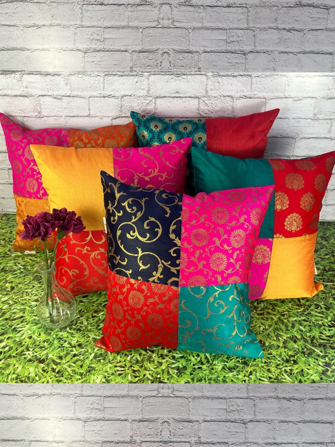 

Pink Parrot Pink & Yellow 5 Pieces Ethnic Motifs Printed Jacquard Square Cushion Covers