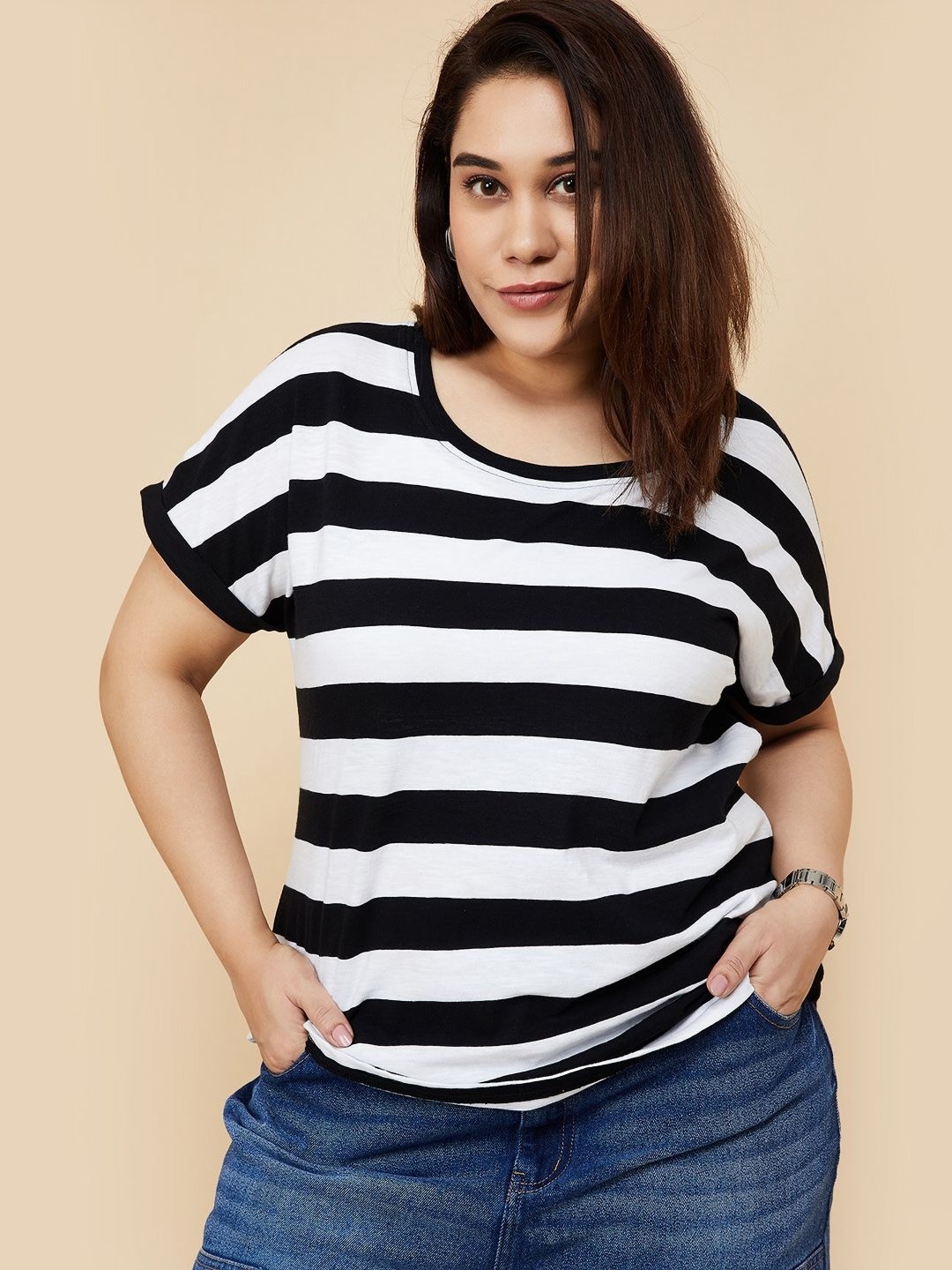 

max Women Striped Round Neck Cotton T-shirt, Black