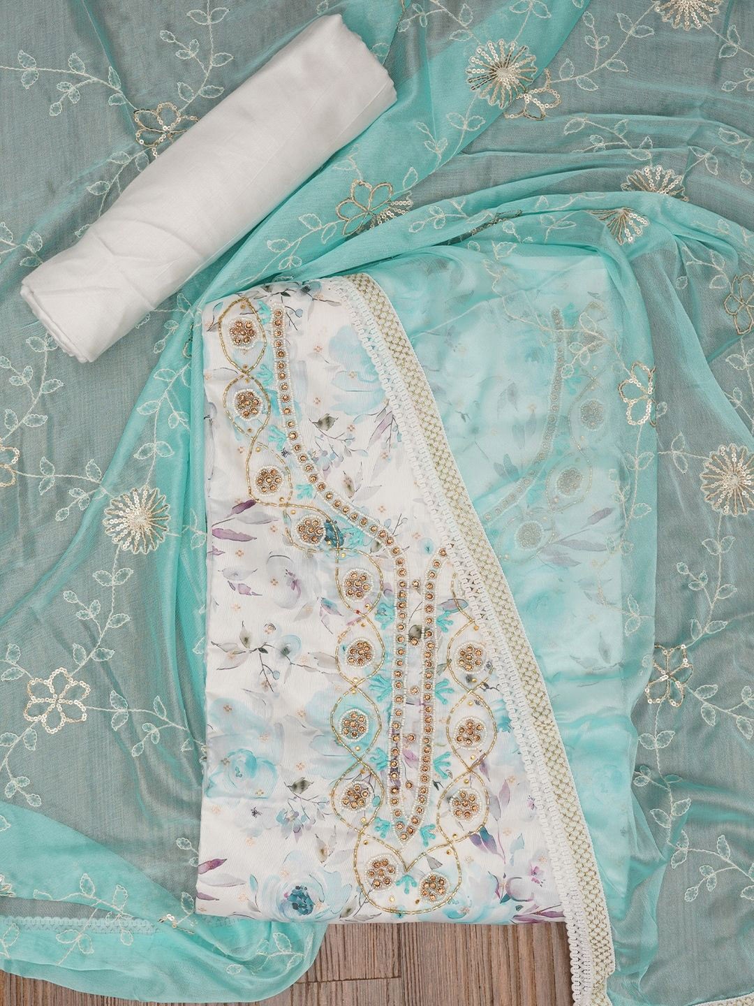 

Jaipur Kurti Cotton Blend Embellished Dress Material with Dupatta, White