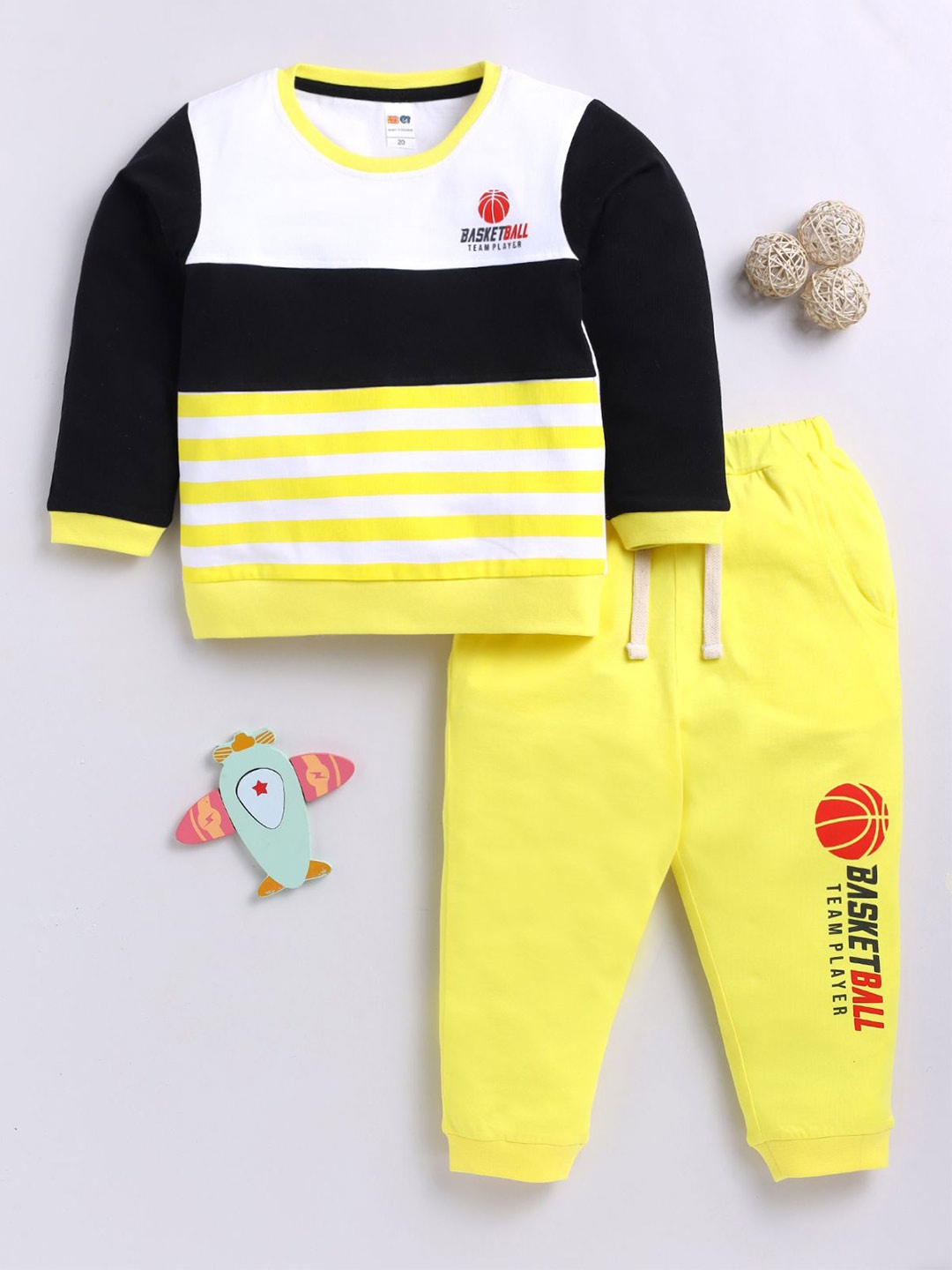 

LITTLE NINJA Boys Printed Pure Cotton T-shirt with Trousers, Yellow