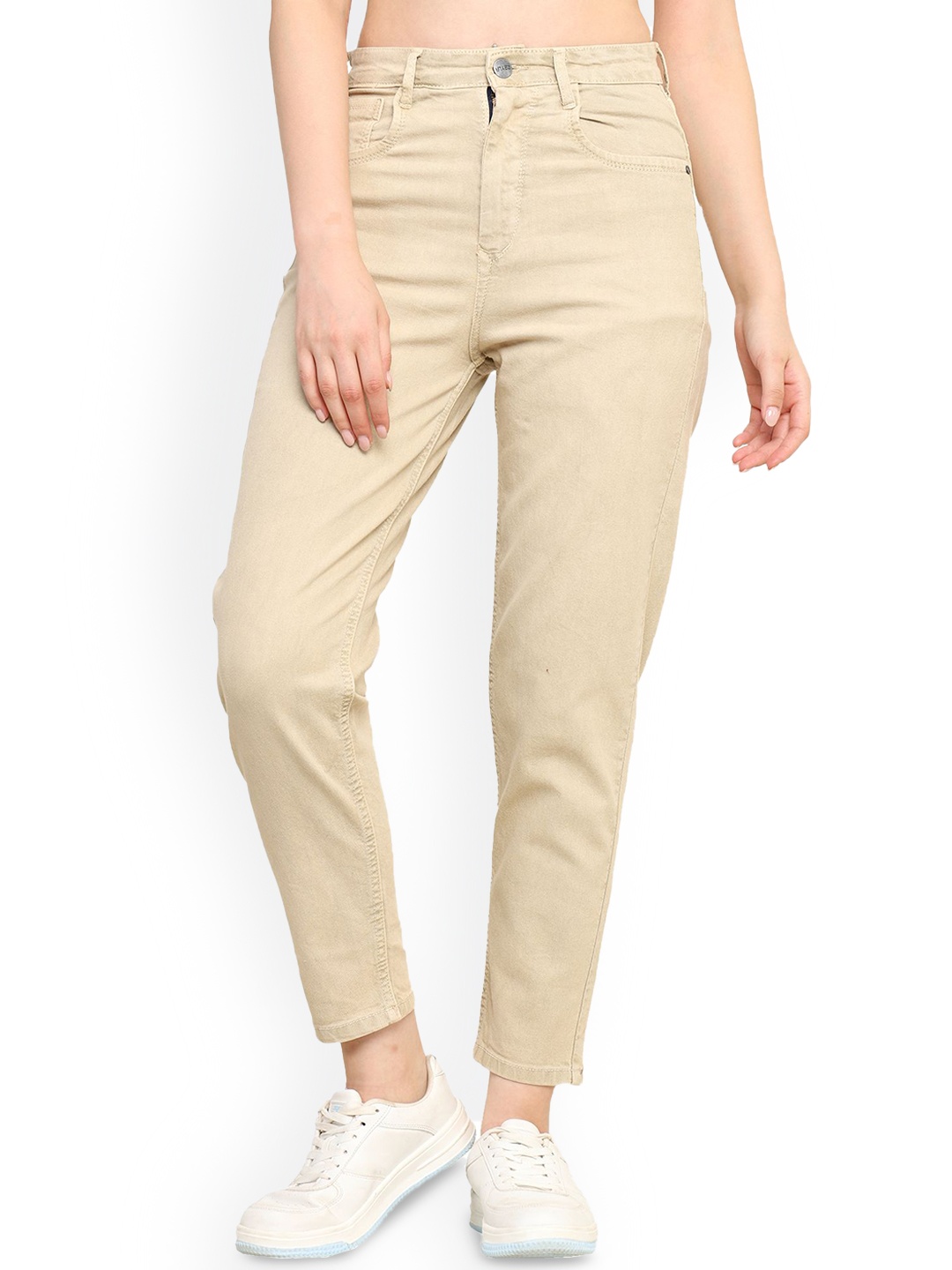

zayla Women Comfort Mom Fit High-Rise Jeans, Beige