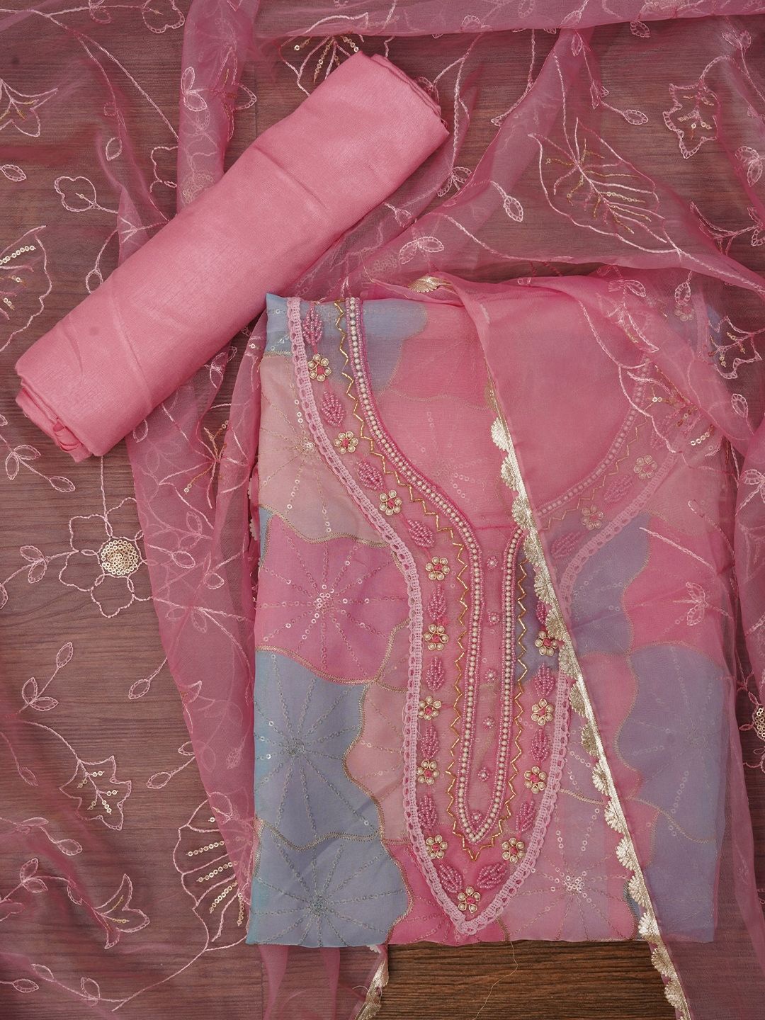 

Jaipur Kurti Floral Sequin Embroidered Organza Dress Material with Dupatta, Pink