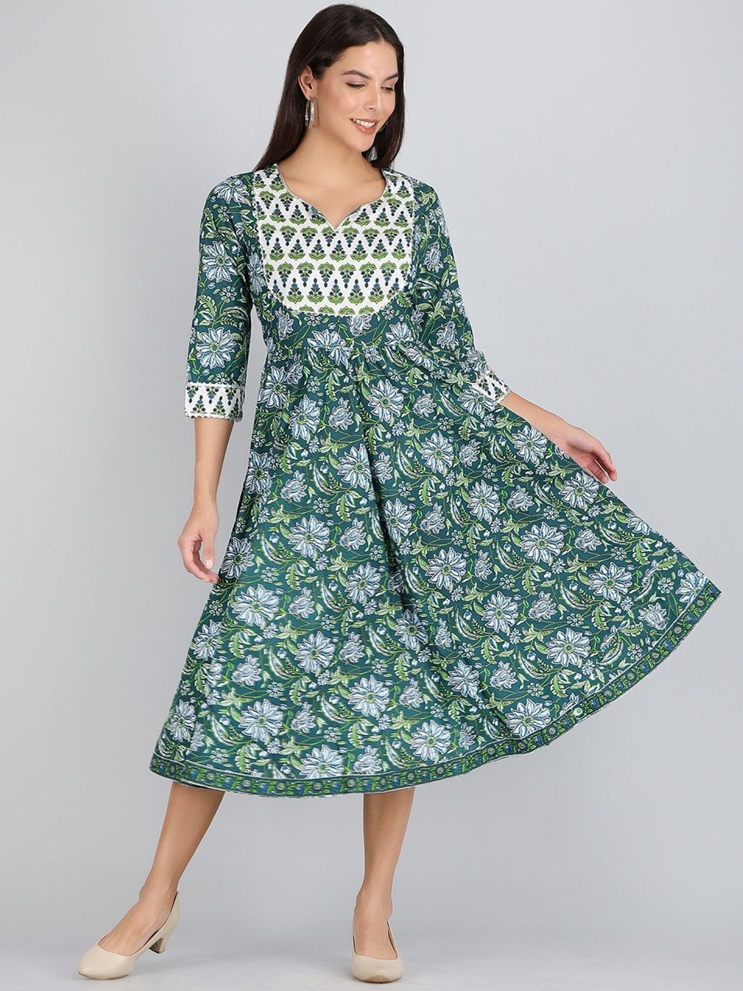 

Rubellite Floral Printed Notch Neck Cotton A Line Dress, Green