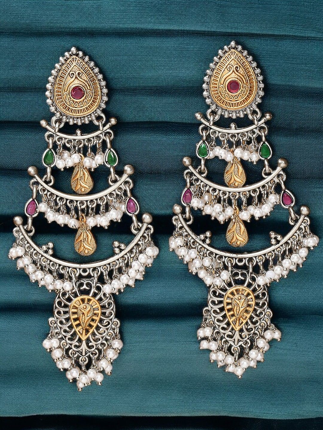 

Sangria Kundan Stone Studded & Beaded Oxidised Chandbali Earrings, Silver