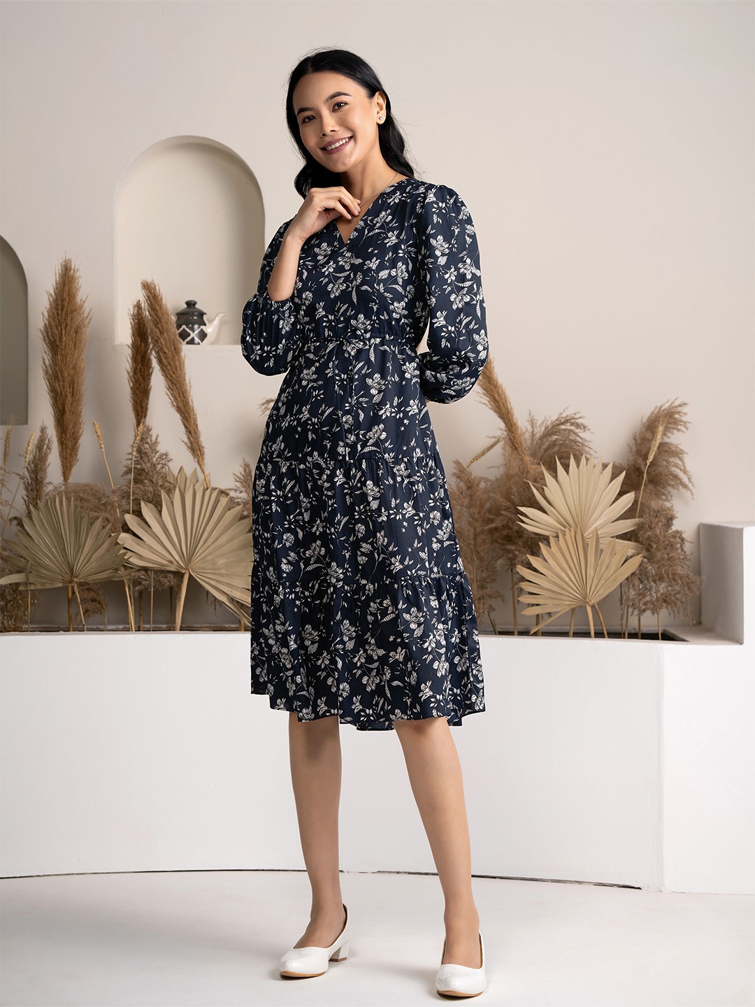 

AASK Floral Printed Puff Sleeve Fit & Flare Dress, Teal