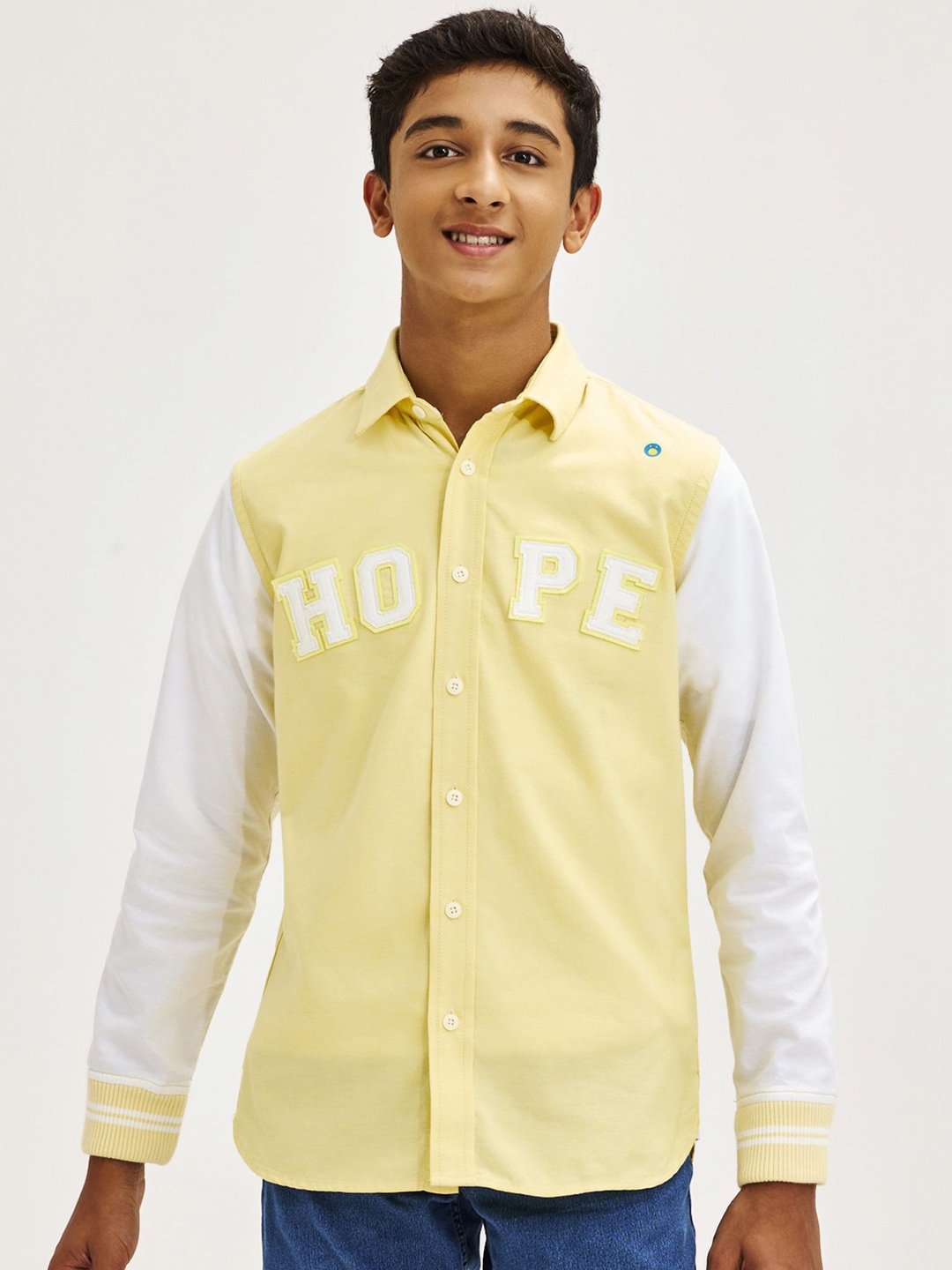 

NO MONDAYS Boys Relaxed Spread Collar Typography Printed Cotton Casual Shirt, Yellow