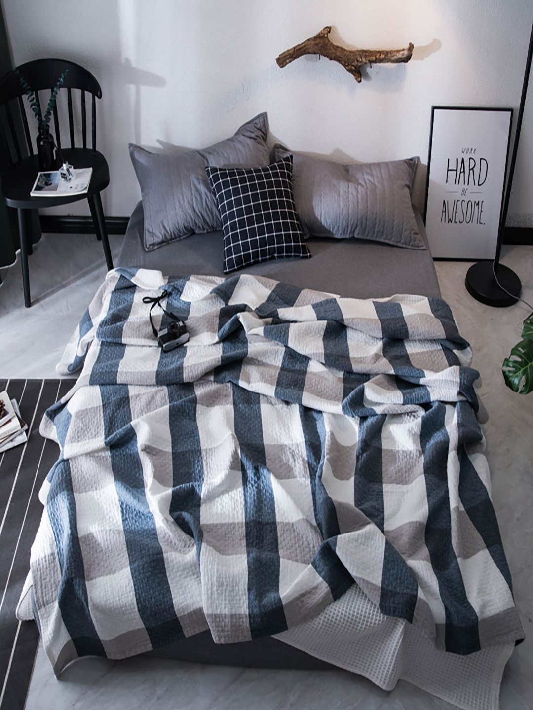 

JC HOME Blue & White Checked Pure Cotton AC Room 350 GSM Double Bed Quilt