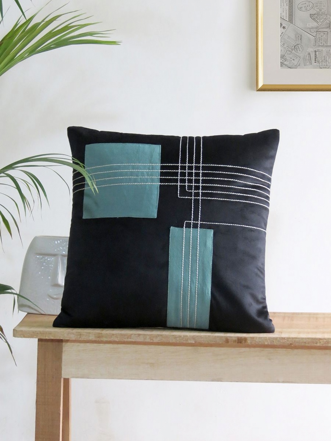 

Mid July Home Black & Blue Geometric Velvet Square Cushion Covers