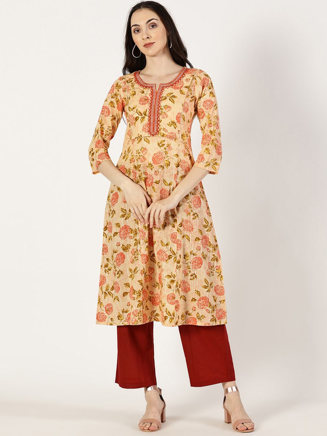 

Saffron Threads Floral Printed Mirror Work Pure Cotton A-Line Kurta, Peach