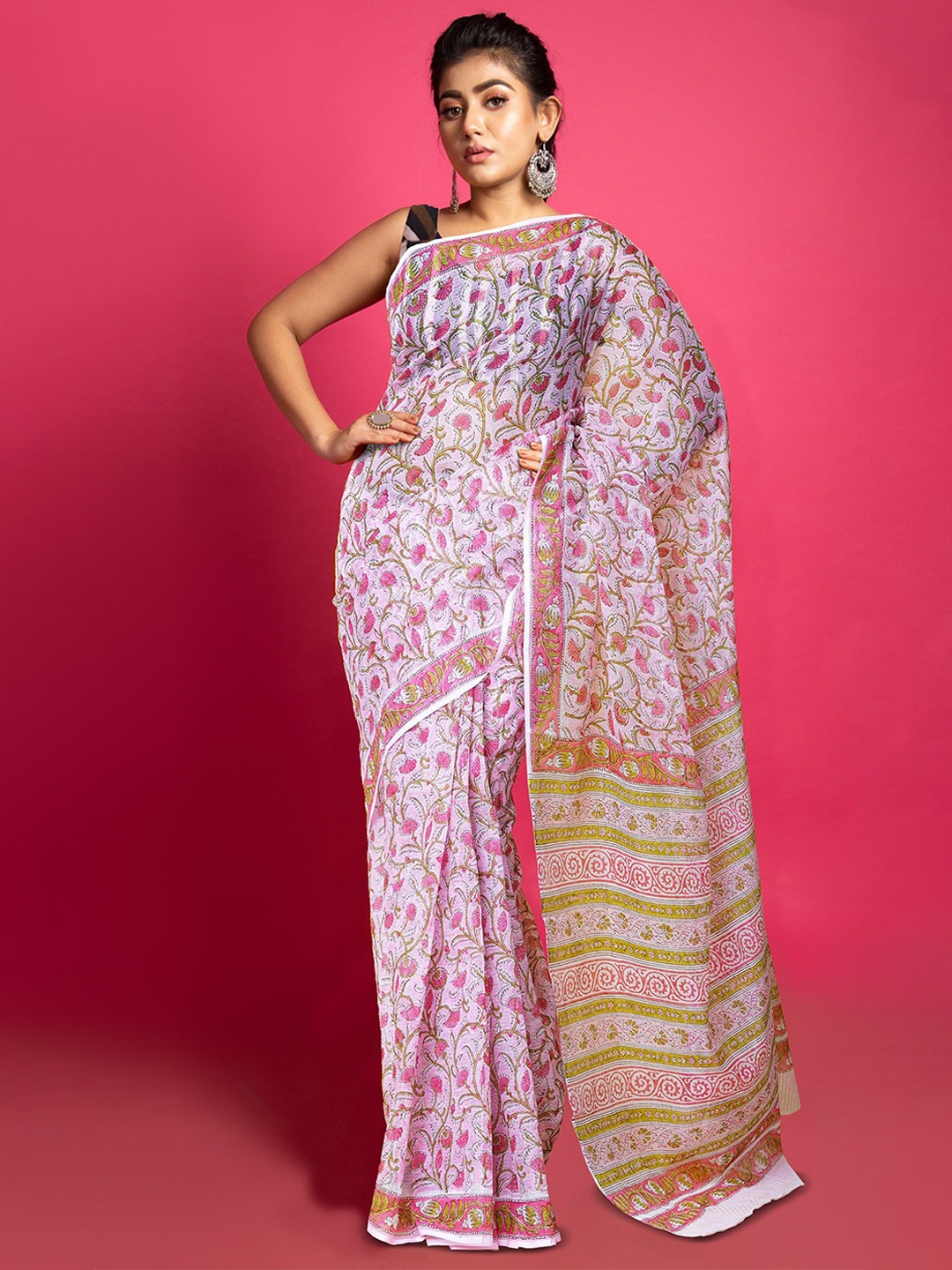 

Unnati Silks Ethnic Motifs Handloom Block Print Saree, Pink