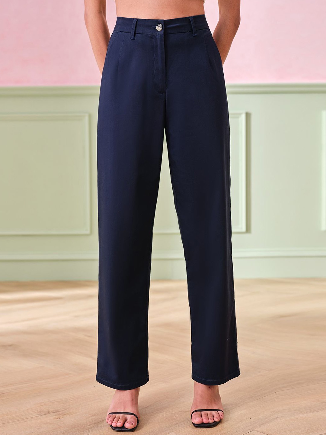 

AND Women Straight Solid Fit Trousers, Navy blue