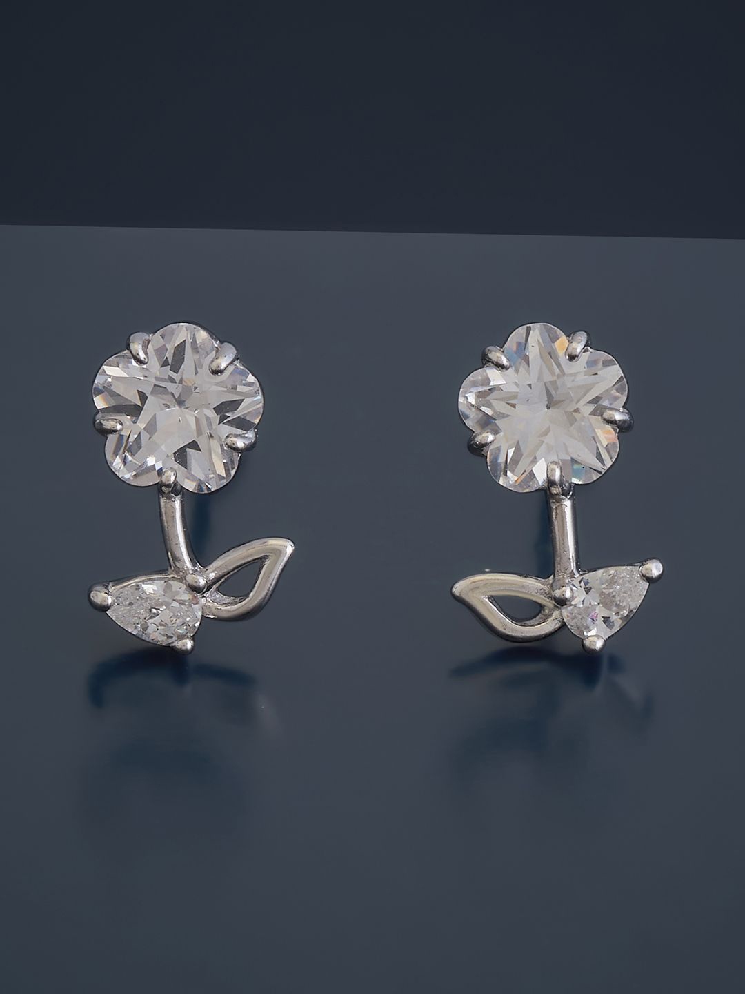 

Kushal's Fashion Jewellery 92.5 Pure Silver Rhodium-Plated Floral Cubic Zirconia Studs