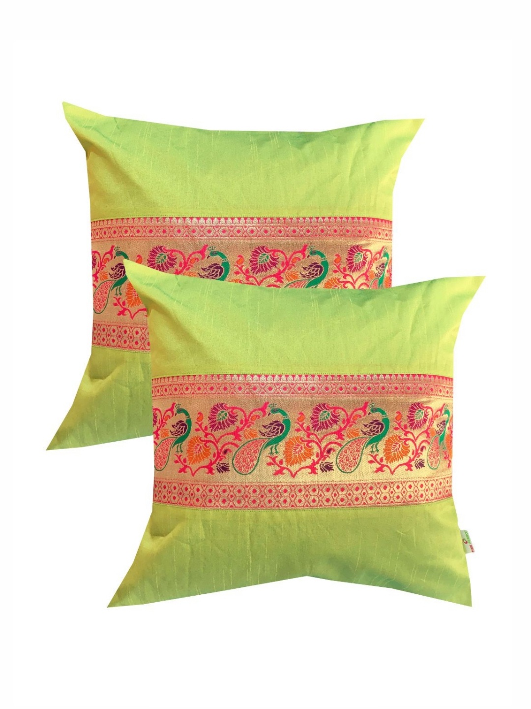 

Pink Parrot Green & Pink 2 Pieces Ethnic Motifs Zari Work Square Cushion Covers