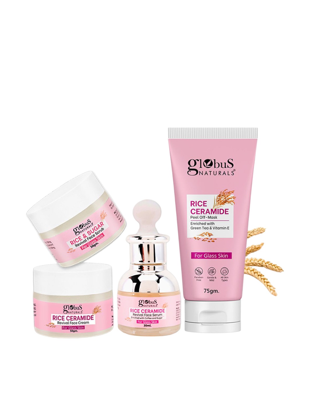 

Globus naturals Set Of 4 Rice Ceramide Face Scrub-Serum-Cream & Peel Off Mask, White