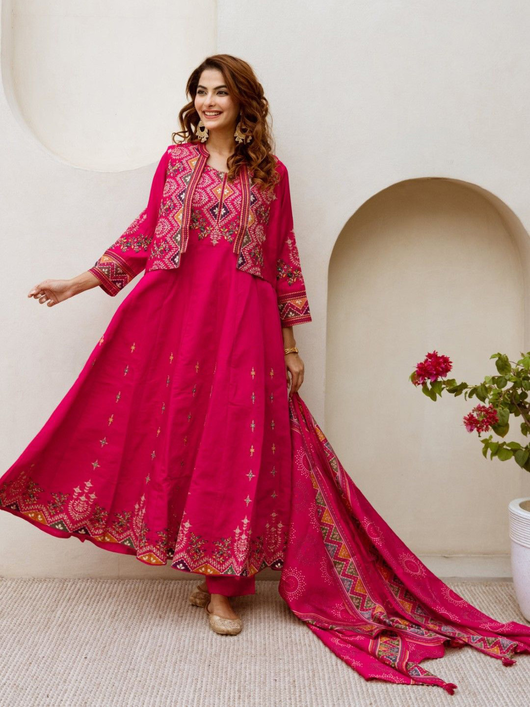 

AUTUMN LANE Floral Yoke Design Thread Work Pure Cotton Kurta With Trousers & Dupatta, Red