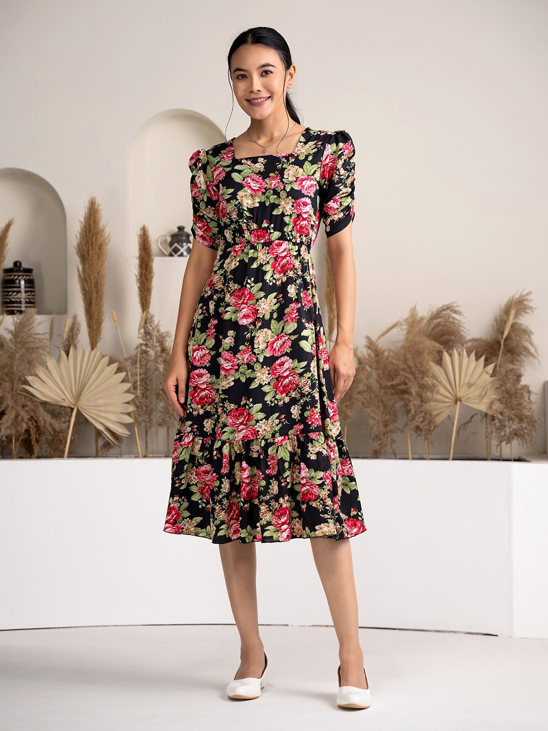 

AASK Women Floral Printed Puff Sleeve Fit & Flare Dress, Black