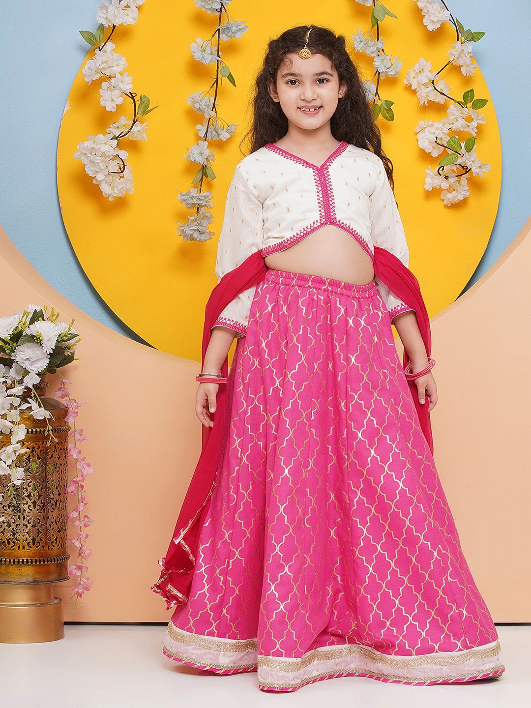 

Bitiya by Bhama Girls Floral Embroidered Ready to Wear Cotton Lehenga & Blouse & Dupatta, Pink