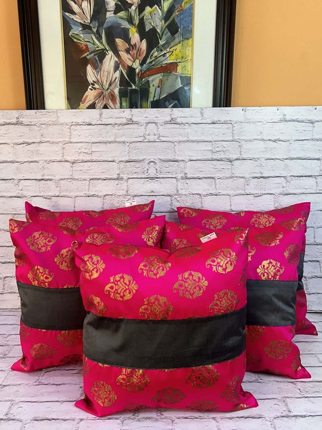 

Pink Parrot Pink & Black 5 Pieces Ethnic Motifs Jacquard Silk Square Cushion Covers
