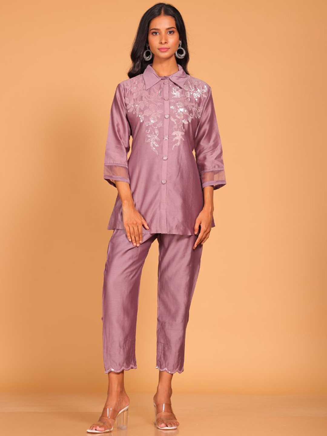 

Morchari Floral Embroidered Sequinned Pure Silk Tunic with Trousers, Mauve