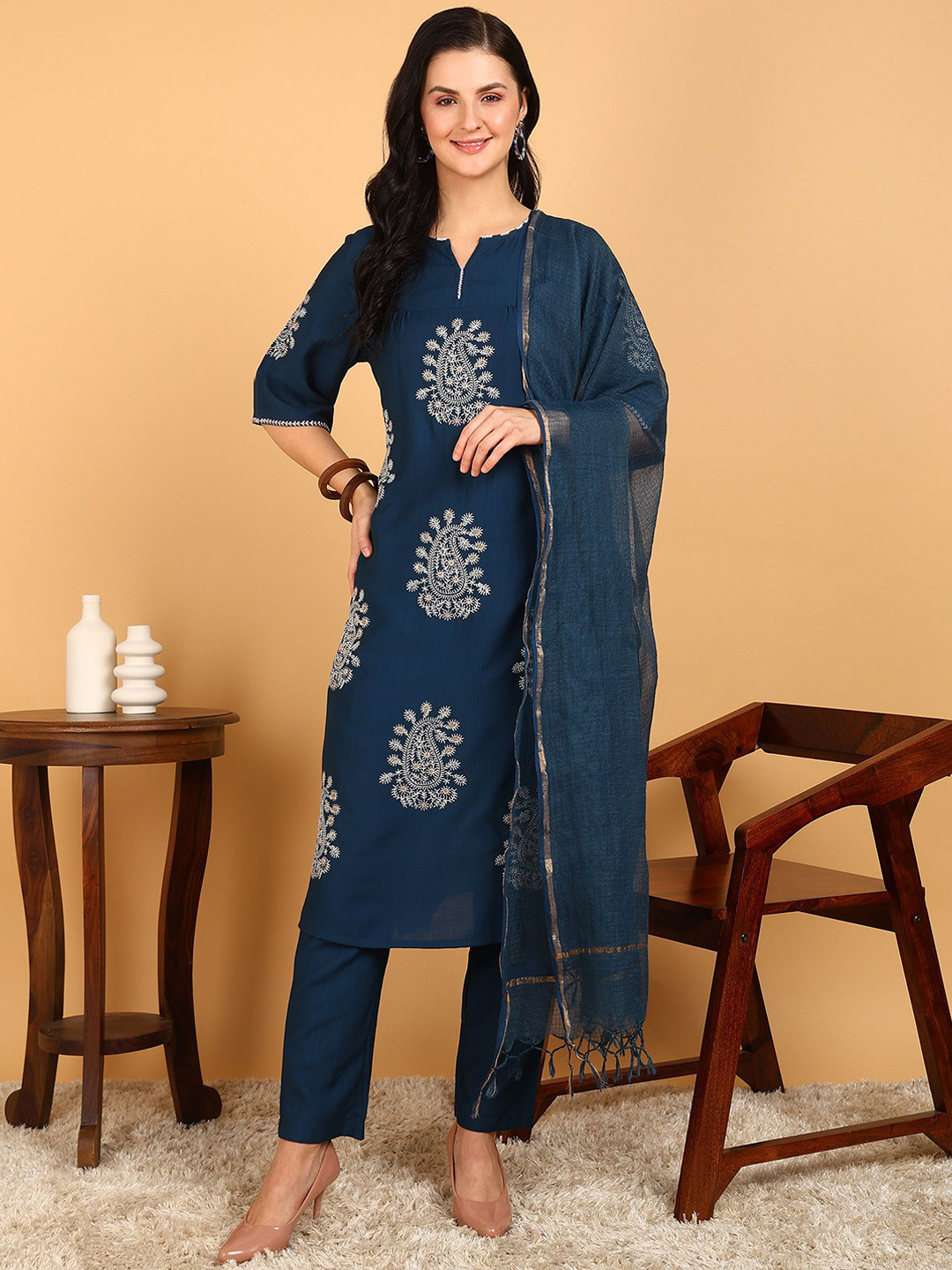 

FUBAR Floral Embroidered Kurta With Trousers & Dupatta, Blue