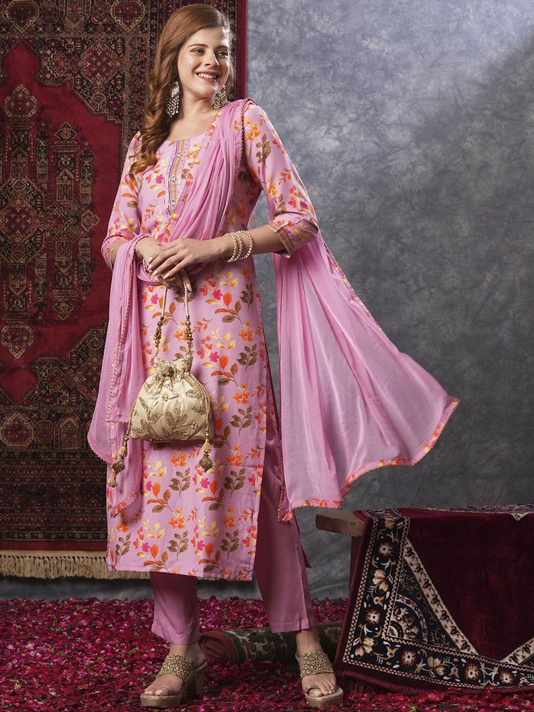 

Anni Designer Floral Printed Mirror Work Regular Straight Kurta with Trousers & Dupatta, Pink