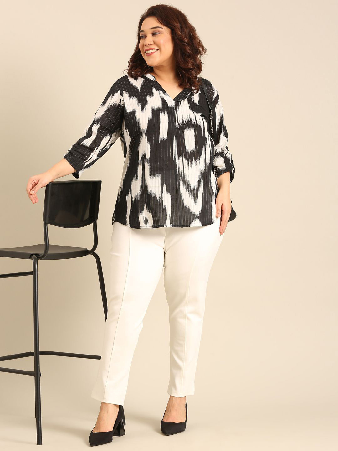 

The Pink Moon Striped Cotton Plus Size Top, Black