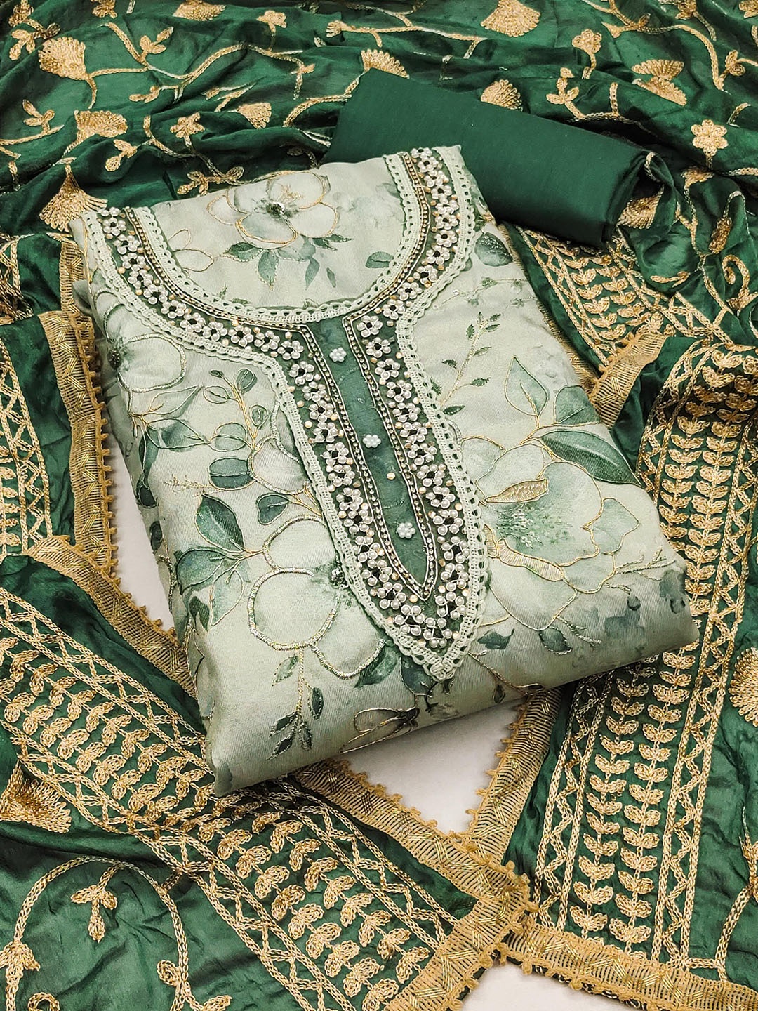 

KALINI Floral Printed Beads and Stones Unstitched Dress Material, Green
