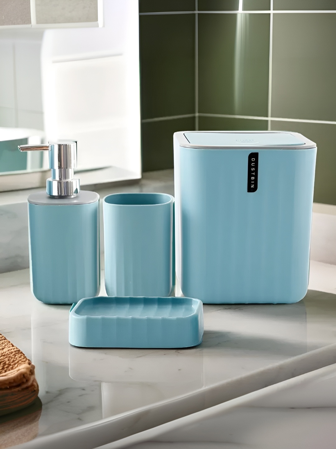 

UMAI Blue 4 Piece Striped Ceramic Matte Bath Accessories Set