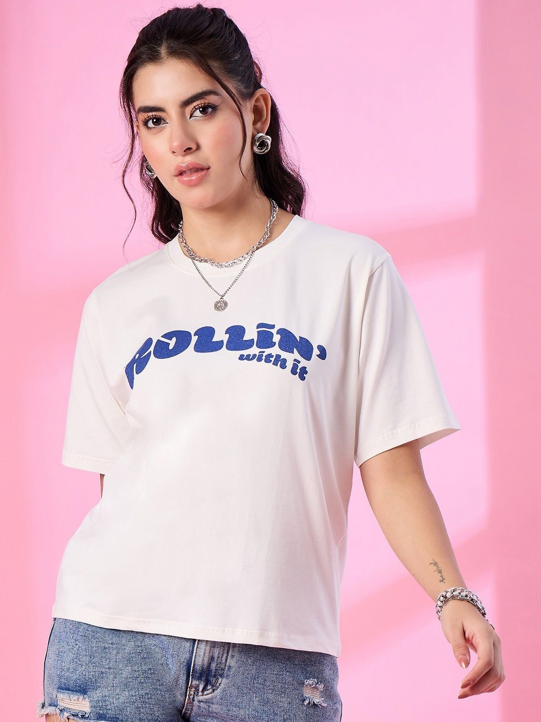

CUPID Women Typography Printed Round Neck Cotton Oversized T-shirt, White