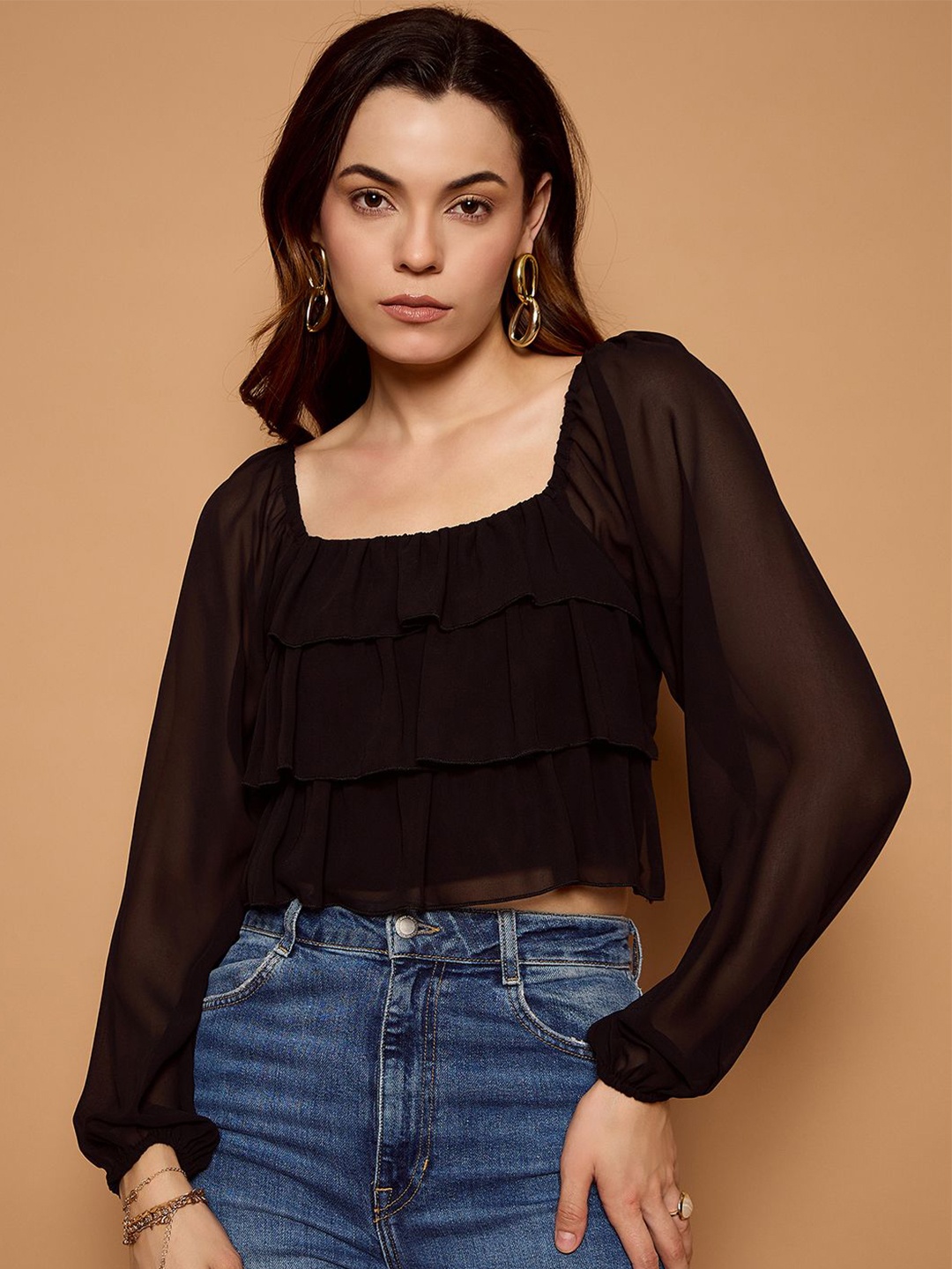 

Kibo Print Crepe Crop Top, Black