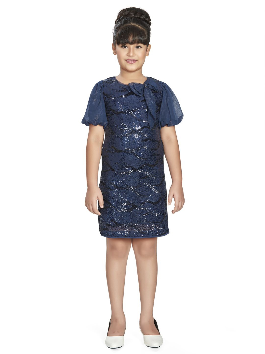 

Peppermint Girl Embellished Puff Sleeves Sheath Dress, Navy blue